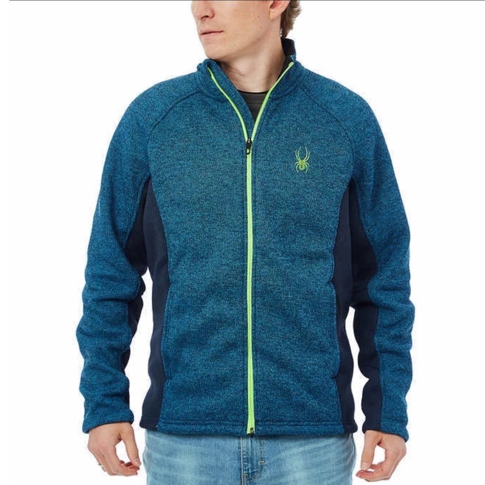 Spyder Full Zip Jacket Mens L Blue Marl Knit Lime Green Trim Mock Neck Sweater